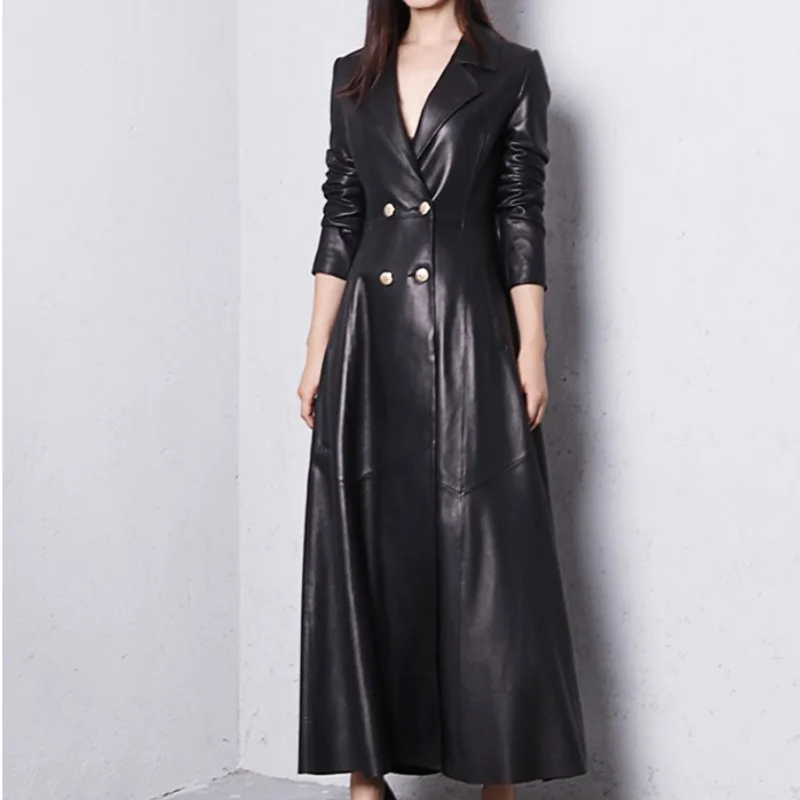 

2023 New Double Breasted Elegant Jacket Autumn Long Skirted Red Black Faux Leather Trench Coat for Women Luxury Fashion Overcoat