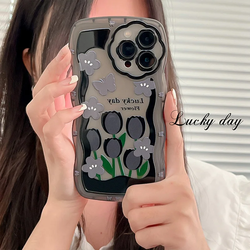 Фото Черный чехол с цветком тюльпана для телефона Iphone 13Pro XR X XSMAX XS 11 12 13 Pro Max 7 8 Plus 13ProMax, Обложка, чехлы №3