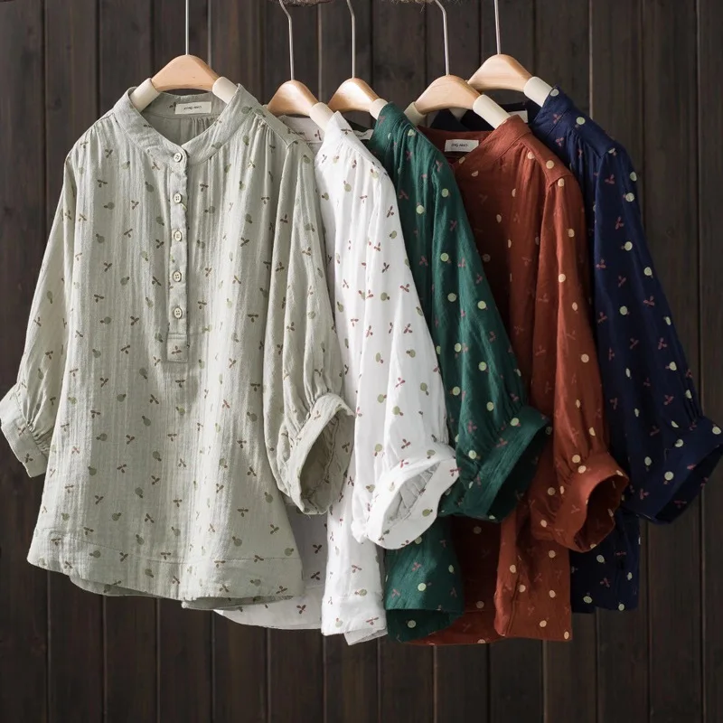 

Vintage Literary Stand Up Collar Print Double-layer Cotton Short Sleeve Shirt Women Summer New Design Breathable Loose Top