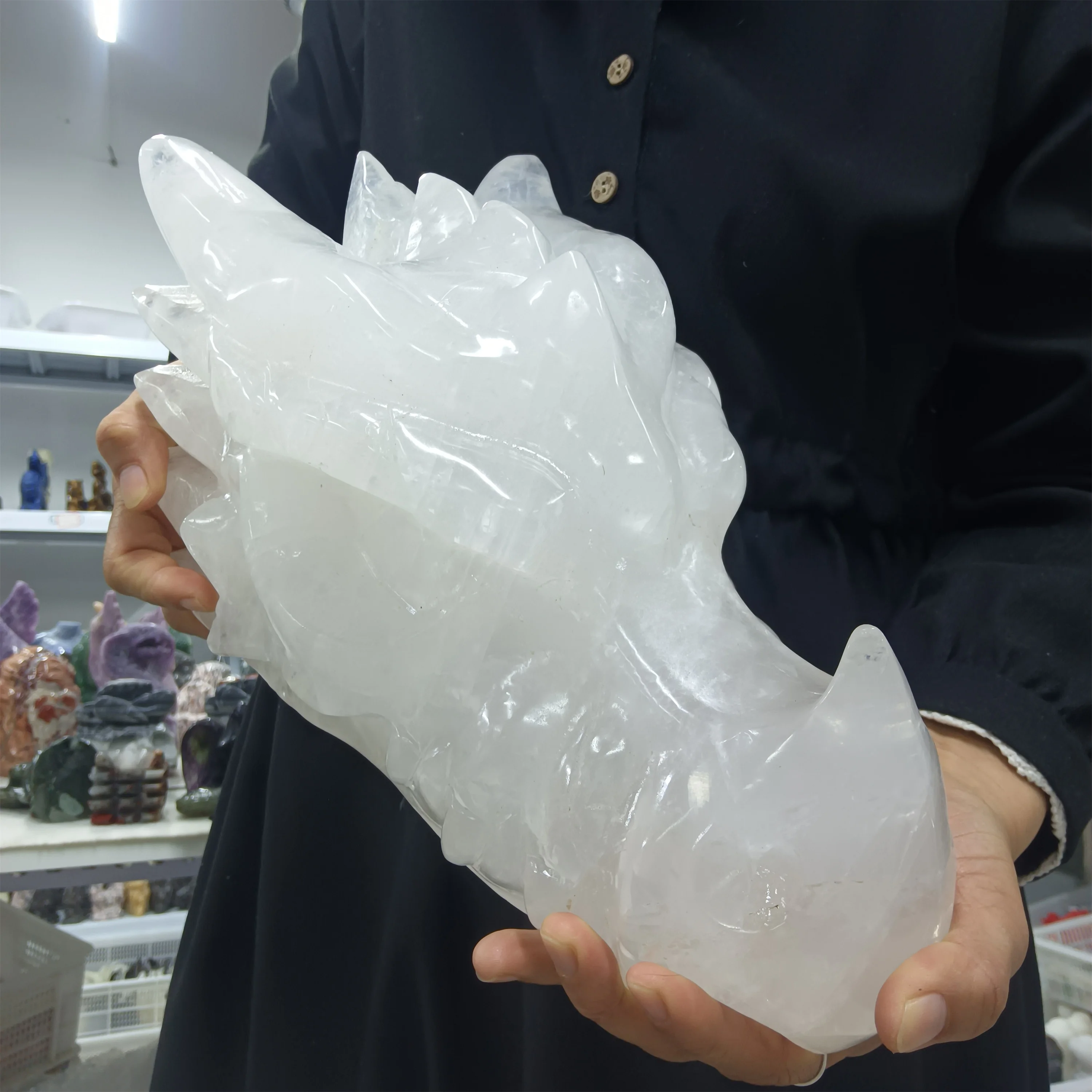 Natural White Quartz Dragon Head Bone Crystal Mineral Reiki Healing Wealth Demagnetization Decor