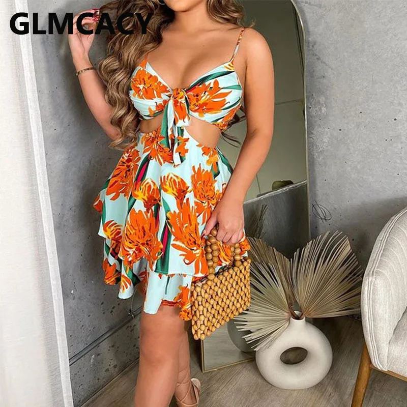 

Women Spaghetti Strap Floral Printed Backless Bowknot Ruffle Mini Dress