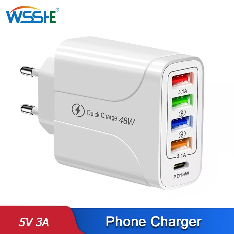 

USB Type C Charger 5V3A PD Fast Charging For iPhone 13 12 Xiaomi Samsung Mobile Phone Wall Power Adapter 5 Ports 48W EU US Plug