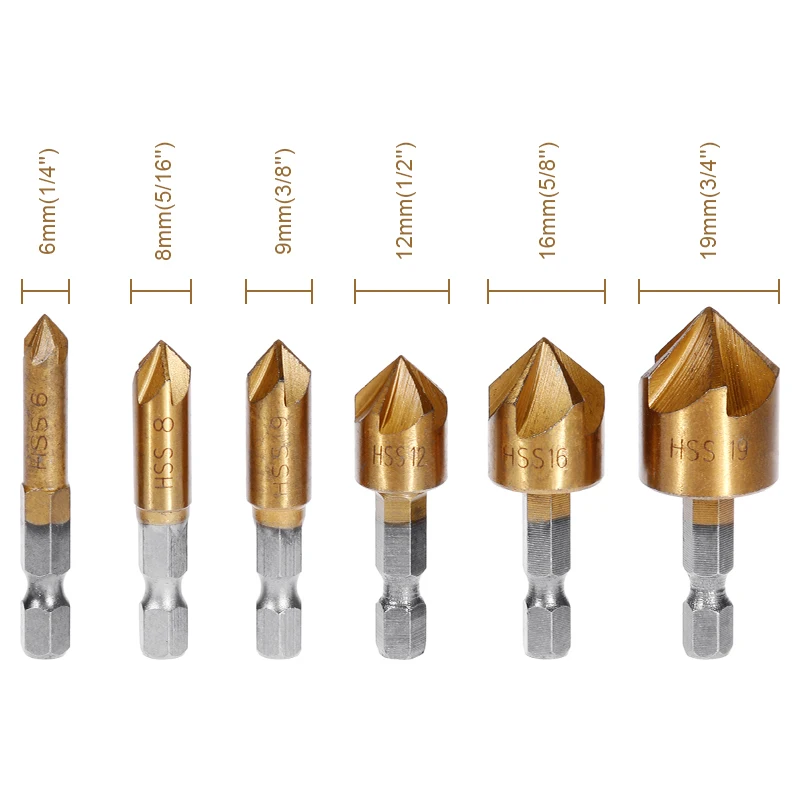 6-19mm Hex Shank Titanium-plated Five-blade Chamfering Tool Deburring 90 Degree Chamfering Bit Set