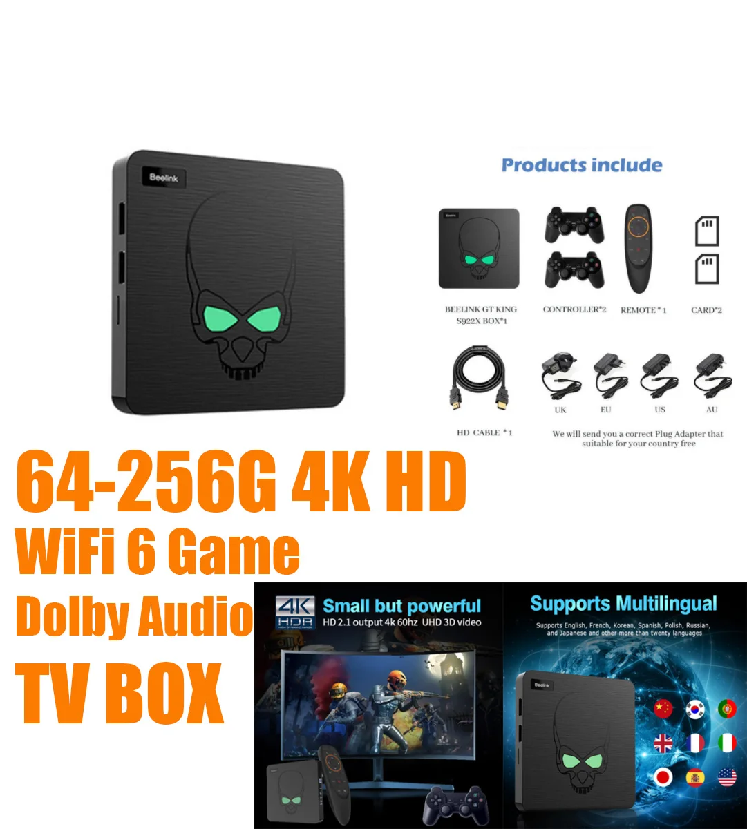 

Приставка Смарт-ТВ GT King, Android 9,0, 64-256 ГГц, Wi-Fi, 6 игр