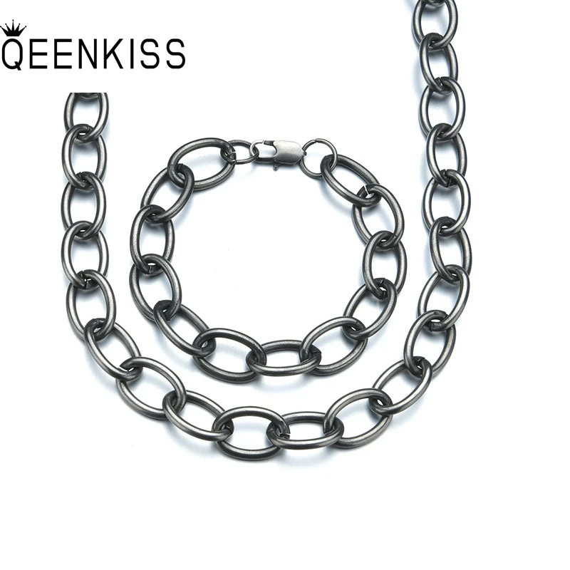

QEENKISS JS814 Wholesale Man Father Party Birthday Wedding Gift 15mmChain Titanium Stainless Steel Necklace+Bracelet Jewelry Set