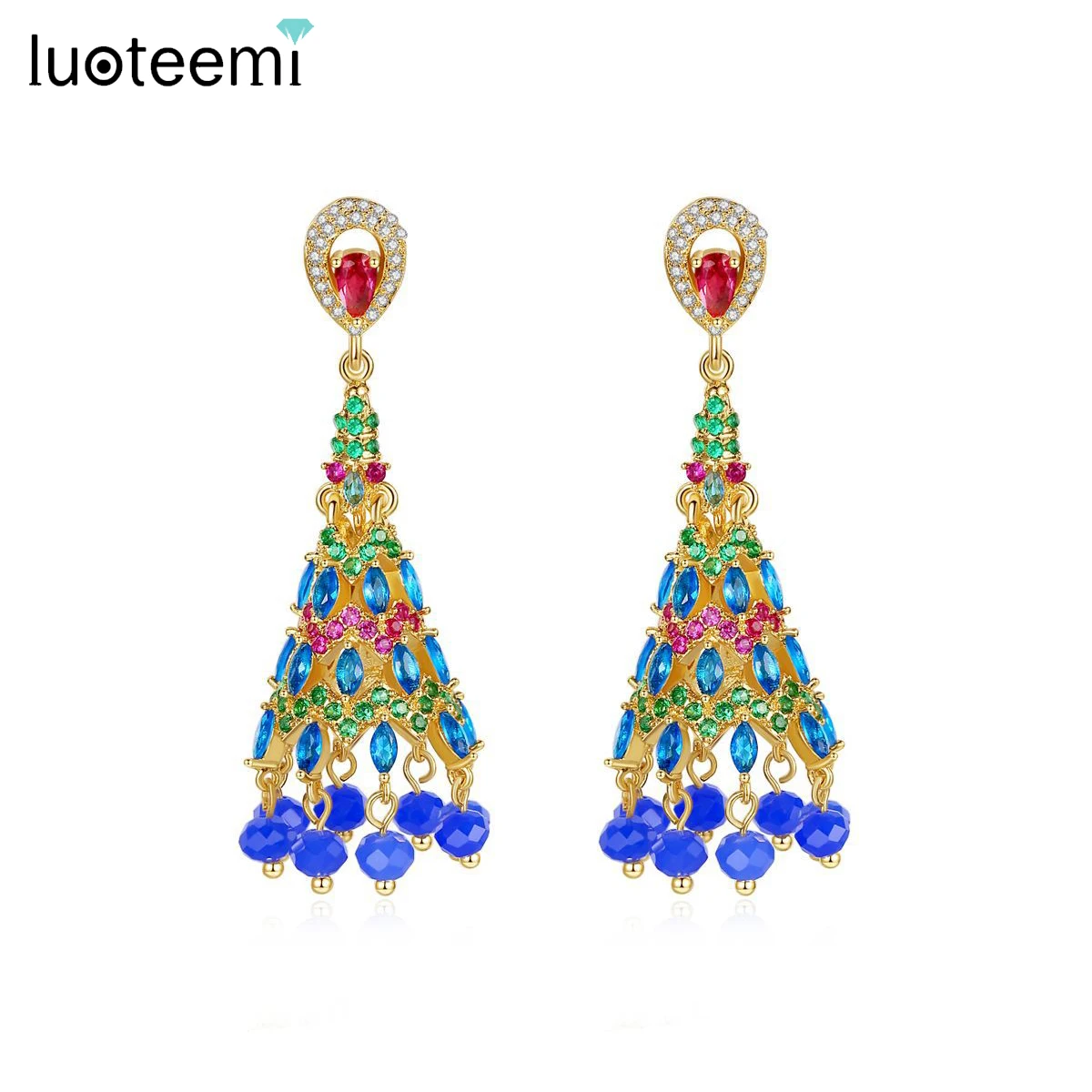 

LUOTEEMI Retro Luxury Dangle Drop Earrings Colorful AAA CZ Inlaid Blue Beads Tassle Bridal Indian Women Fashion Jewelry Brincos