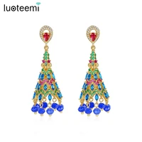 luoteemi retro luxury dangle drop earrings colorful aaa cz inlaid blue beads tassle bridal indian women fashion jewelry brincos
