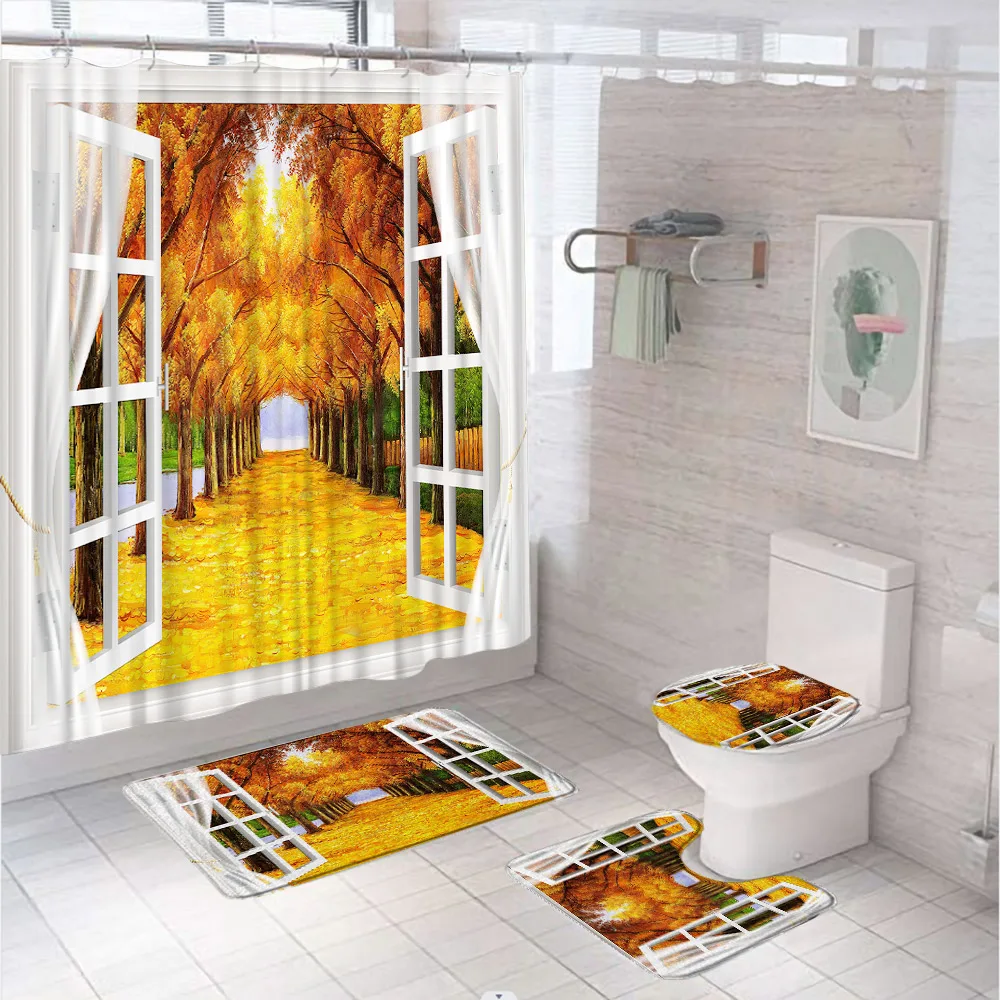 

Yellow Maple Tree Leaves Garden Shower Curtain Set Forest Flower Window Scenery Bathroom Screen With Bath Mats Rug Toilet Covers