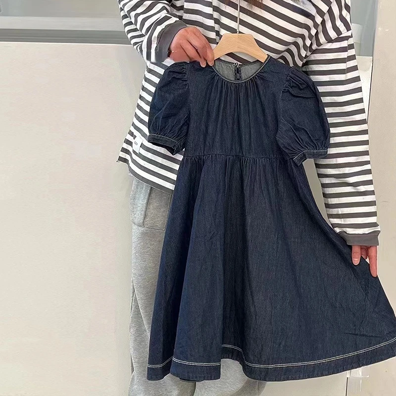 

2023 Girls Summer Dresses Kids demin O neck Short Sleeeve solid A-line casual Dresses Children Clothes costumes