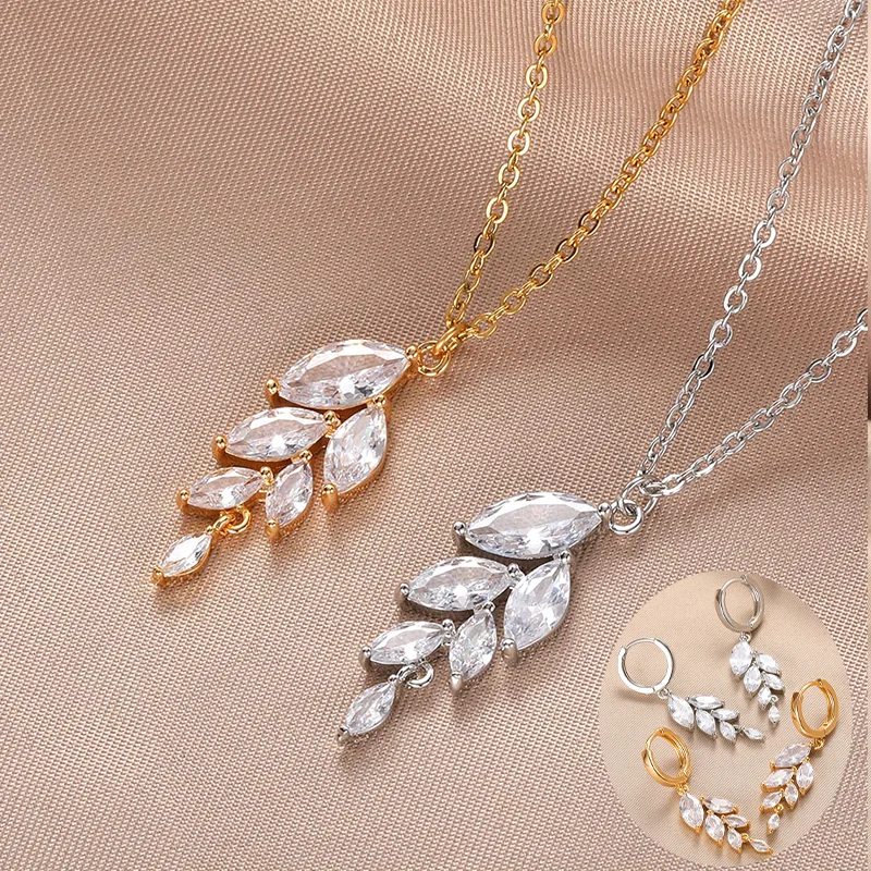 

Fashion Zircon Leaf Shape Pendant Necklaces Earrings Set for Women Shinny Crystal Wheat Ears Clavicle Chain Wedding Jewelry Sets