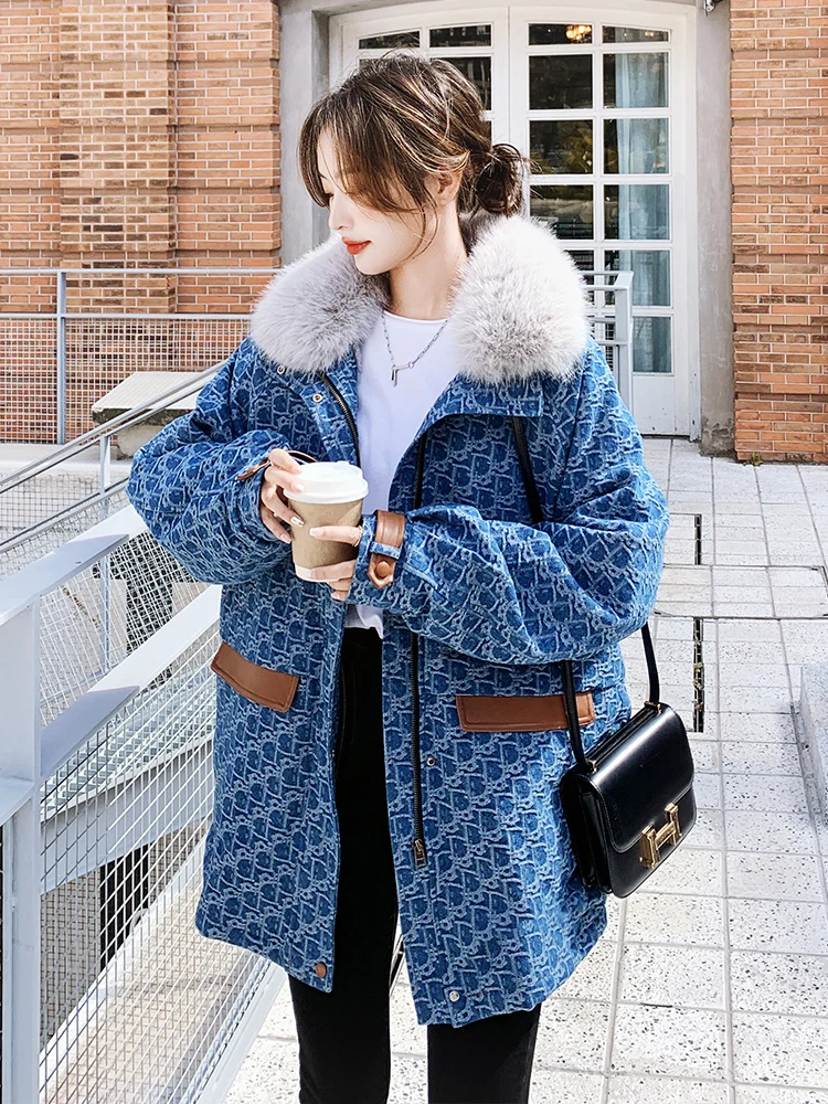 Джинсовое пальто с цветочным принтом женская зимняя утолщенная куртка Parker на