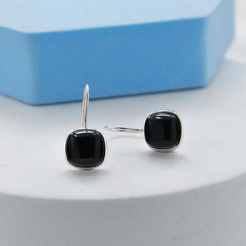 S925 Silver Black Agate Square Earrings with Simple Ethnic Style Luxury and Versatile Earrings Ear Holes Fashion Wedding Jewelry