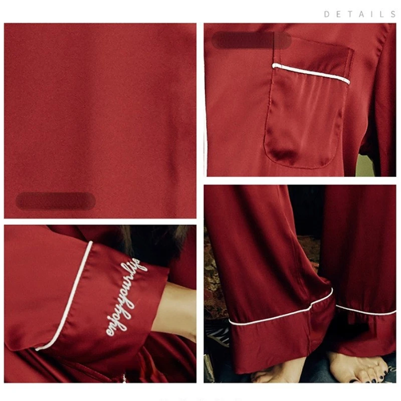 Women's 2 Piece Pajamas Sets Cute Pijama Faux Silk Satin Pyjama Female Sleepwear Long Sleeve Shirt Long Pants Homewear for women