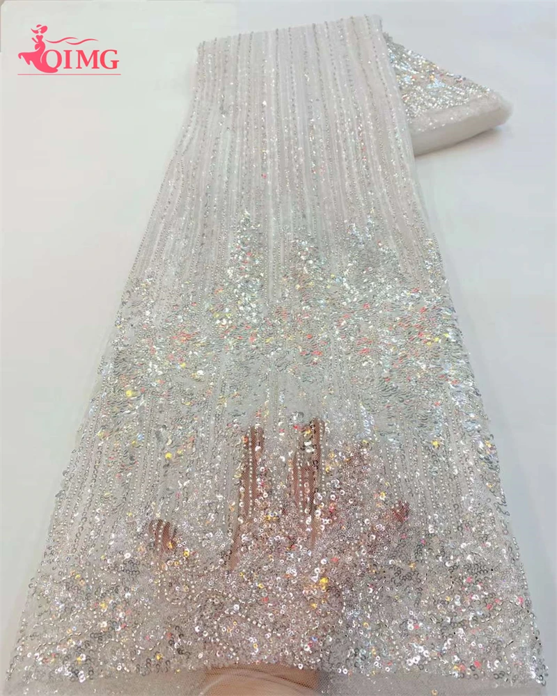 

OIMG Luxurious African Beaded Sequins Lace Fabric 2023 High Quality Heavy Groom Embroidery French Tulle Lace Nigerian Wedding