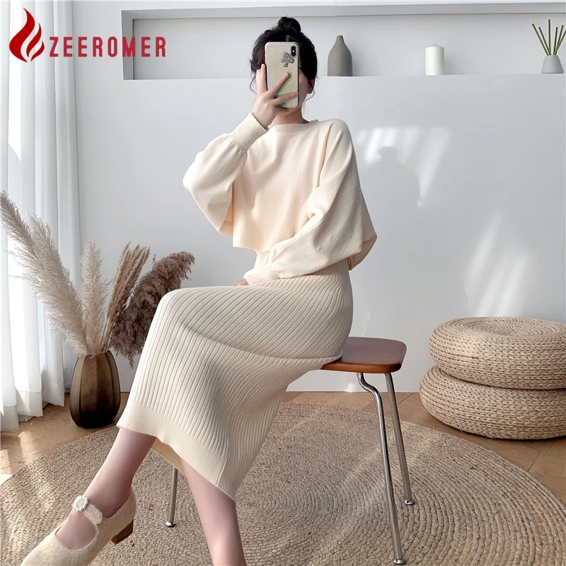 

2023 Autumn Winter Fashion Knit 2-piece Set Women Long Sleeve Loose Sweater Pullover Short Top + Sleeveless Suspended Dress Suit