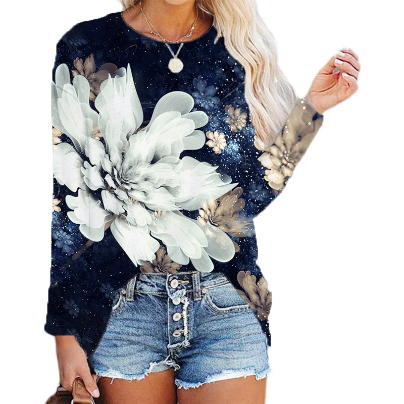 

2022 New Women Long Sleeve O-Neck Casual Cotton TShirt Vintage 3D Floral Printed Pullover Tops Fashion Lady Streetwear All-match