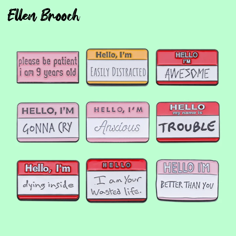 

Hello My Name Is Trouble Enamel Pins Fun Phrase Dialogue Clothes Brooch Lapel Badges Jewelfy Gift for Kids Friends