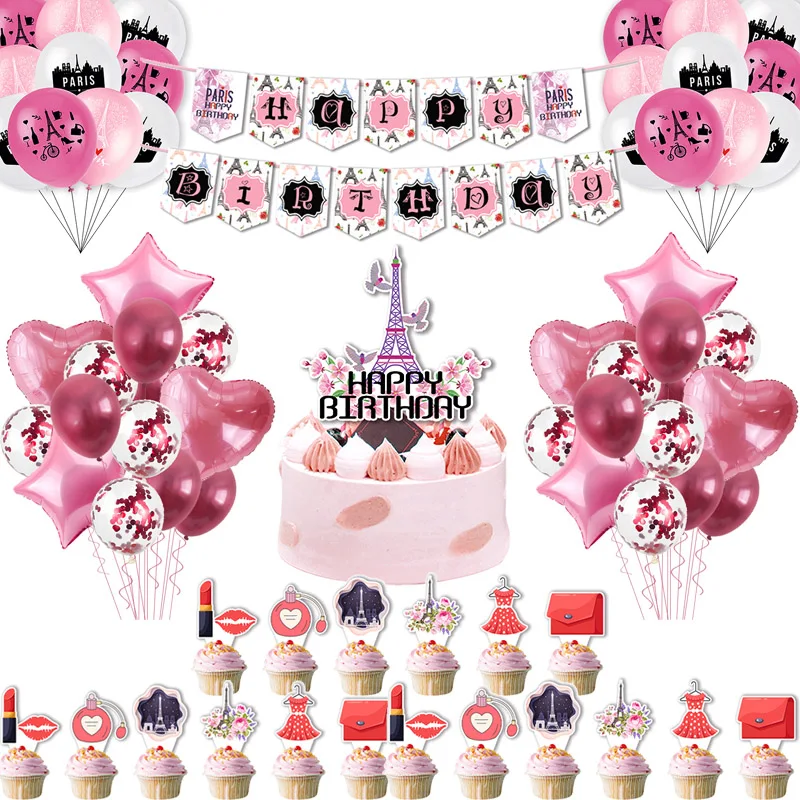 

Romantic Fantasy Fashion Pink Paris Themed Birthday Party Decoration Banner Latex Balloon Cake Topper Girl Birthday Party Favors