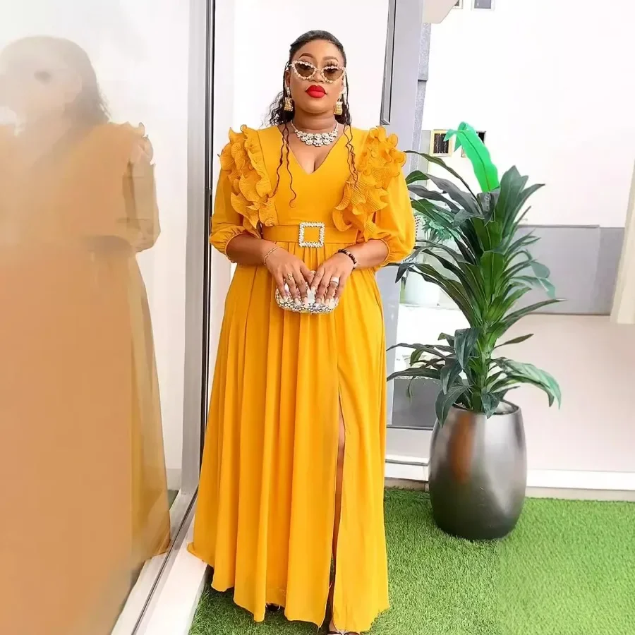 Платье женское длинное вечернее из полиэстера с V-образным вырезом и рукавом 2024