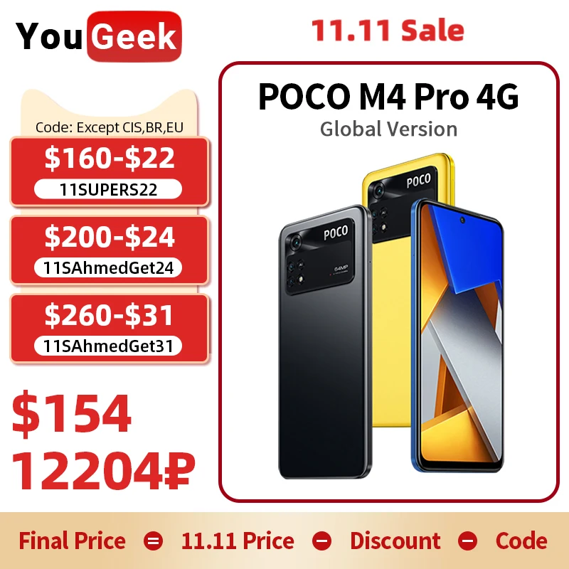 Najtaniej Wersja Globalna POCO M4 Pro 4G Smartphone 128GB/256GB Helio G96 Octa Core 90Hz AMOLED 33W Pro Szybkie ładowanie 64MP Kamera NFC