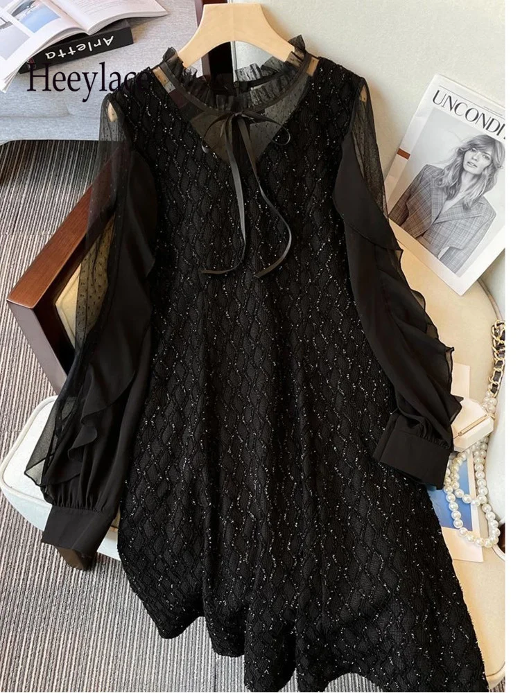 

Женское платье с блестками, повседневное черное платье составного кроя из сетчатой ткани с длинным рукавом, офисное платье для вечерние в К...