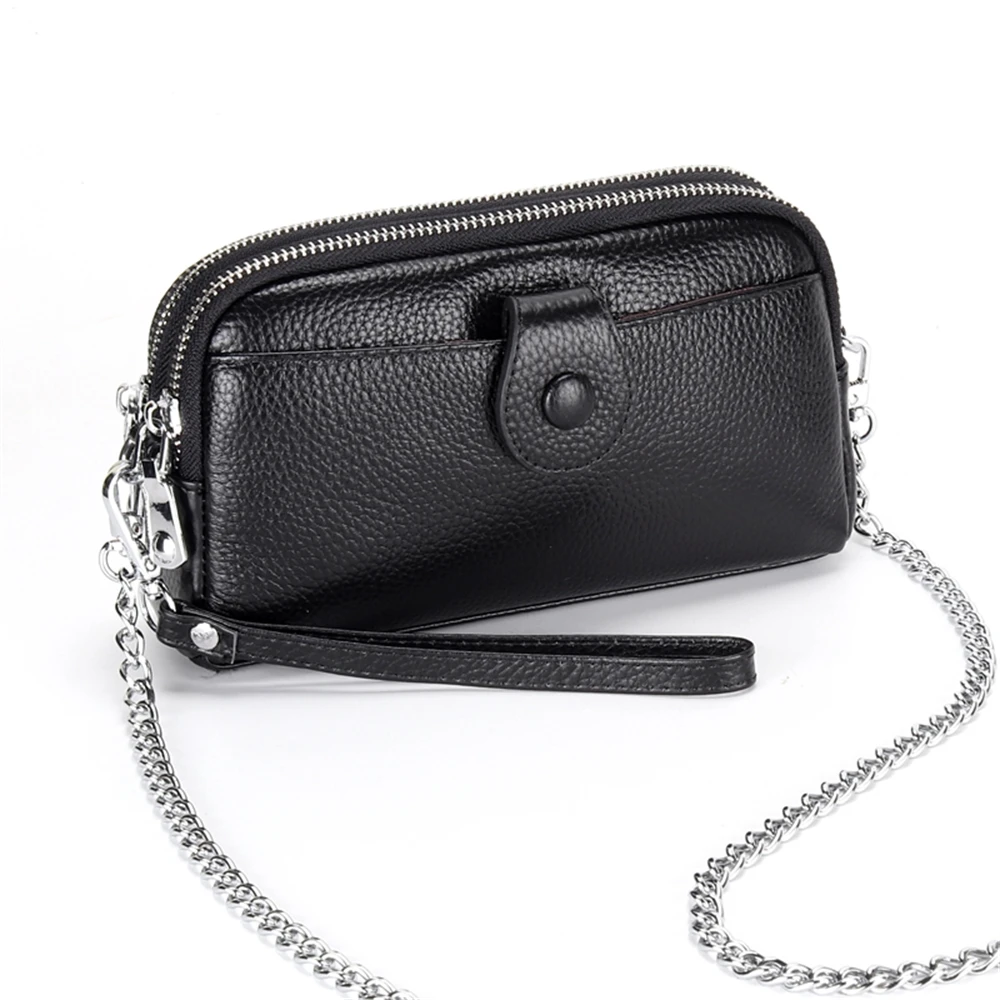

Women's leather long wallet, double zipper bag, bag with mobile phone chain