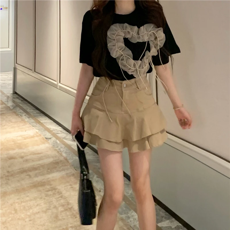 

Love mesh splicing T-shirt women's summer 2022 New Retro Hong Kong style design sense machine loose short sleeve top