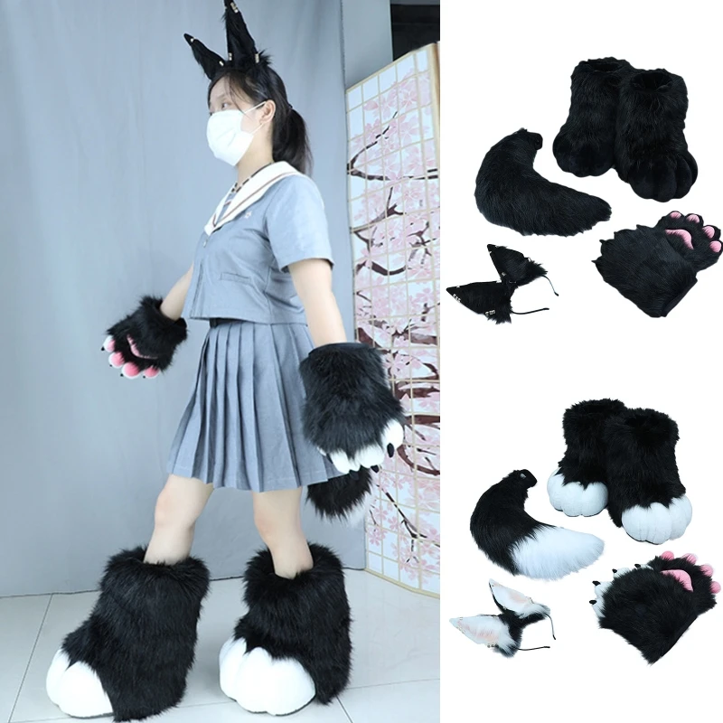 

Wolf Ear Headband Tail Paw Shoes Set Dress Up Faux Fur dog Ear Animal Cosplay Costume Halloween Party Favor