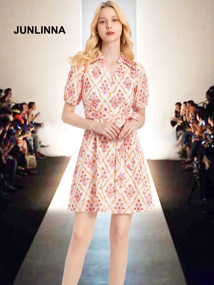 

JUNLINNA Runway Women Dress Summer New Embroidery Vestidos Sexy V Neck Short Sleeve Sashes Sliming Princess Wear