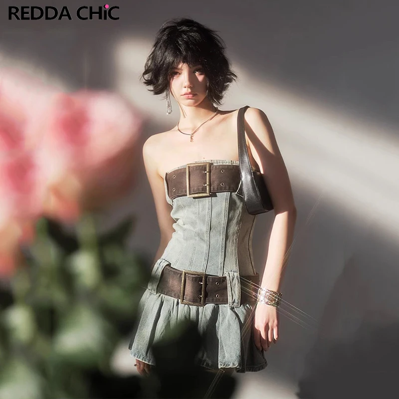 

ReddaChic Mini Pleated Women Bodycon Dress Fitted Stretchy Denim Belt Corset Summer One-Piece Dress Grunge Y2k Vintage Clubwear
