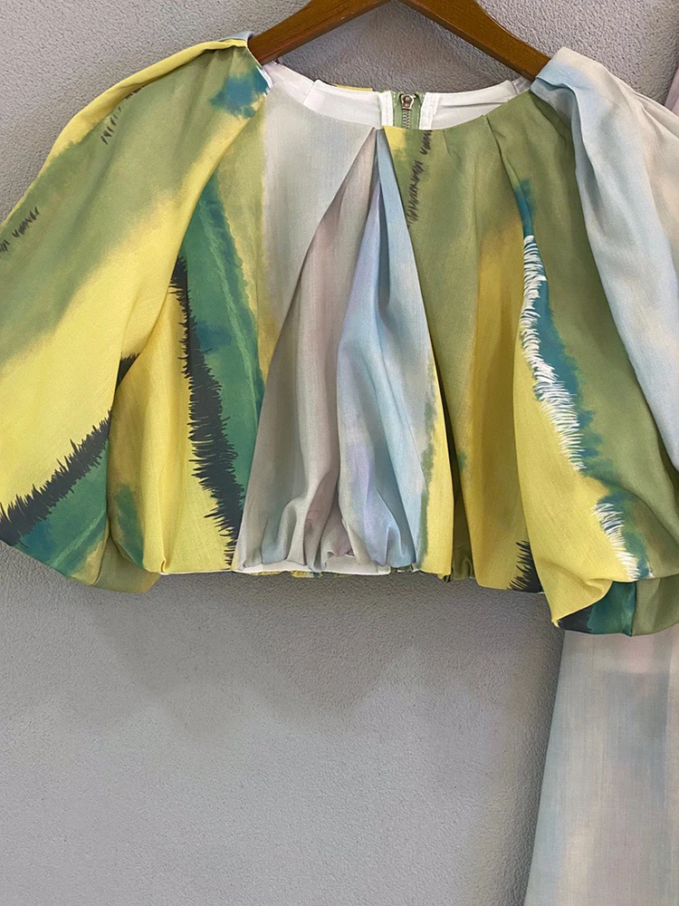Delocah High Quality Summer Women Fashion Designer Skirts Sets Lantern Sleeve Short Tops + High Waist Colorblock Skirts Suits enlarge