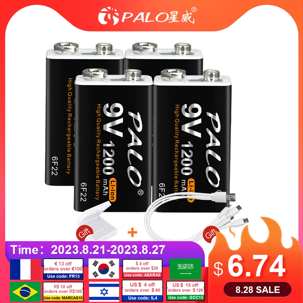 PALO 9V Rechargeable Battery 1200mAh 6F22 Micro USB 9v Li-ion Lithium Batteries for Multimeter Microphone Toy Remote Control KTV