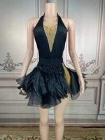 deep v neck elegant black rhinestone women mini dress backless with feather birthday party outfit nightclub costumes wear 2022