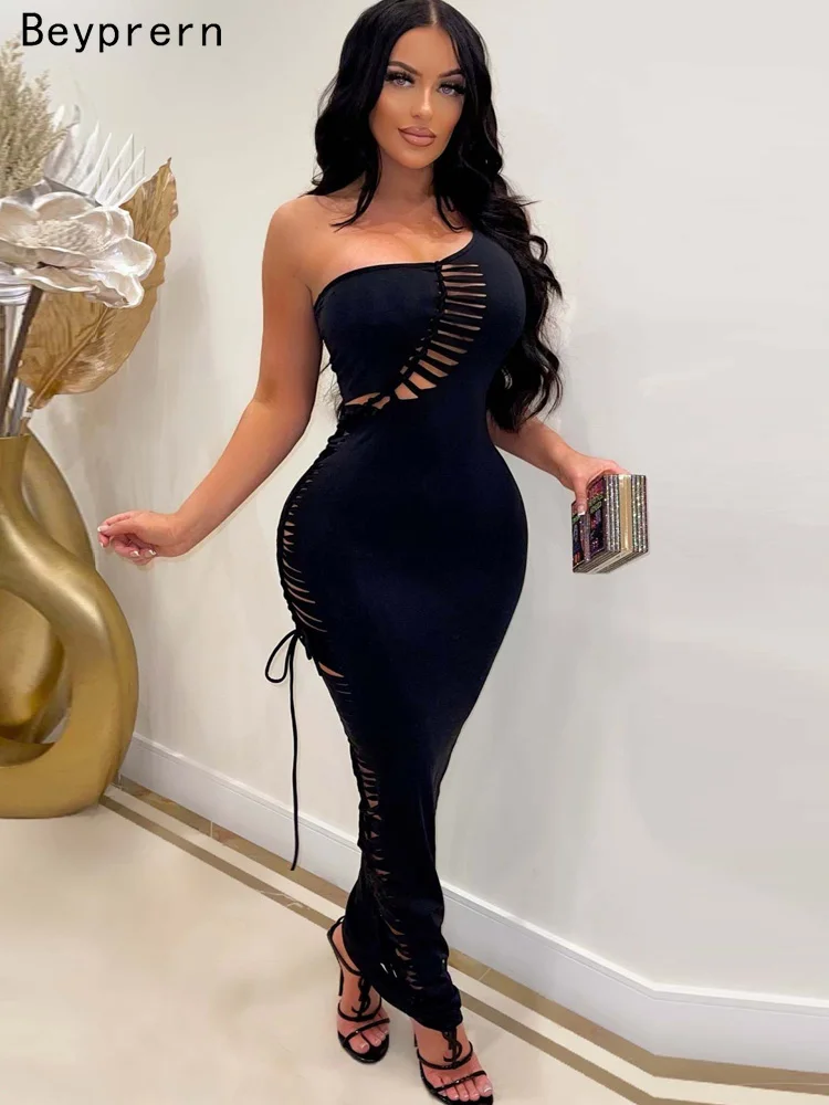 

Beyprern New Chic Black Single Shoulder Laser Cut Bodycon Maxi Dress Womens Hollow Out Lace-Up Bandage Night Dress Sexy Clubwear