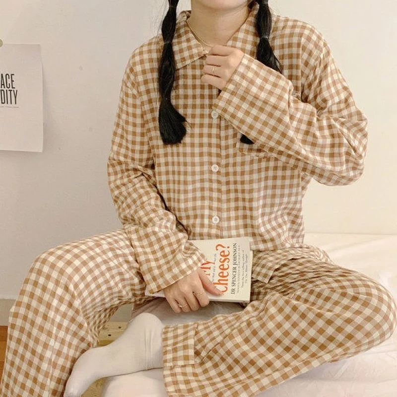 QWEEK Apricot Black striped plaid pajams pj sets for women spring autumn home clothes girls sleepwear pyjamas cute pijamas