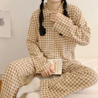 qweek apricot black striped plaid pajams pj sets for women spring autumn home clothes girls sleepwear pyjamas cute pijamas