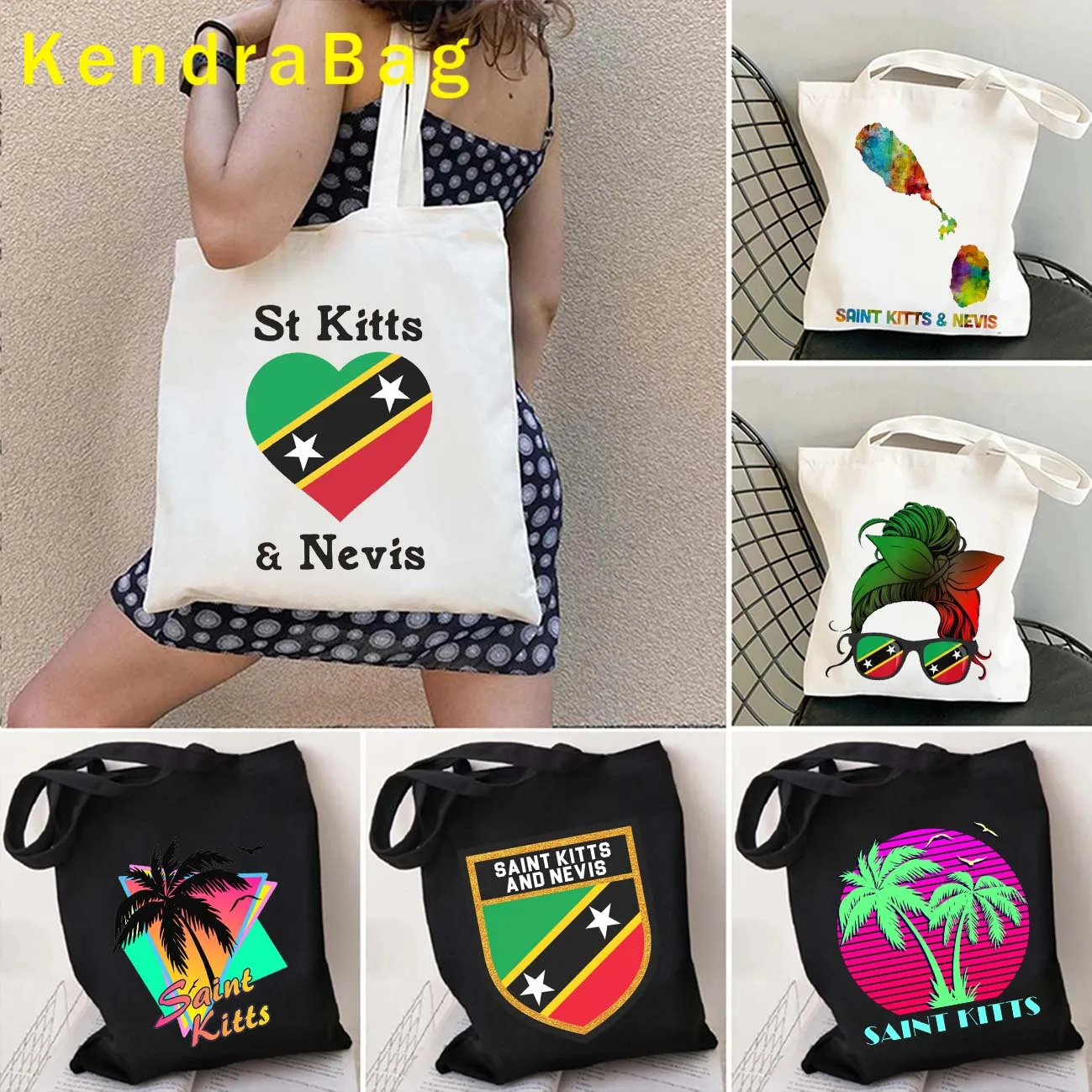 

Saint Kitts and Nevis Flag Map Coat of Arms Round Emblem Love Heart Travel Gifts Women Canvas Shoulder Tote Bag Shopper Handbags
