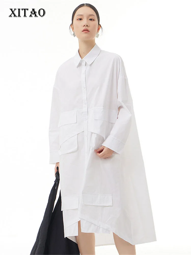 

XITAO White Dress Fashion Single Breast Pocket Goddess Fan Casual Style Split 2022 Spring Minority Loose Pleated Dress WMD5130