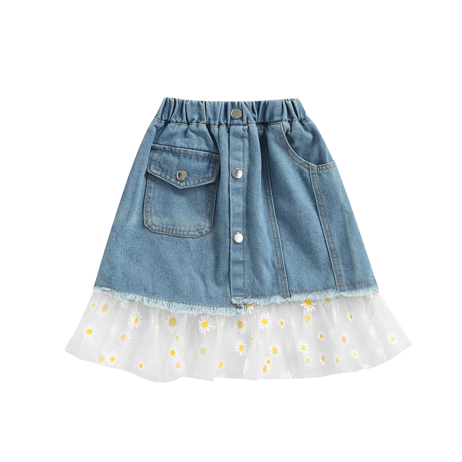 

Lioraitiin 3-8Years Toddler Kids Girls Summer Skirt High Waist Embroidery Daisy Pattern Mesh Patchwork Denim Short Skirt