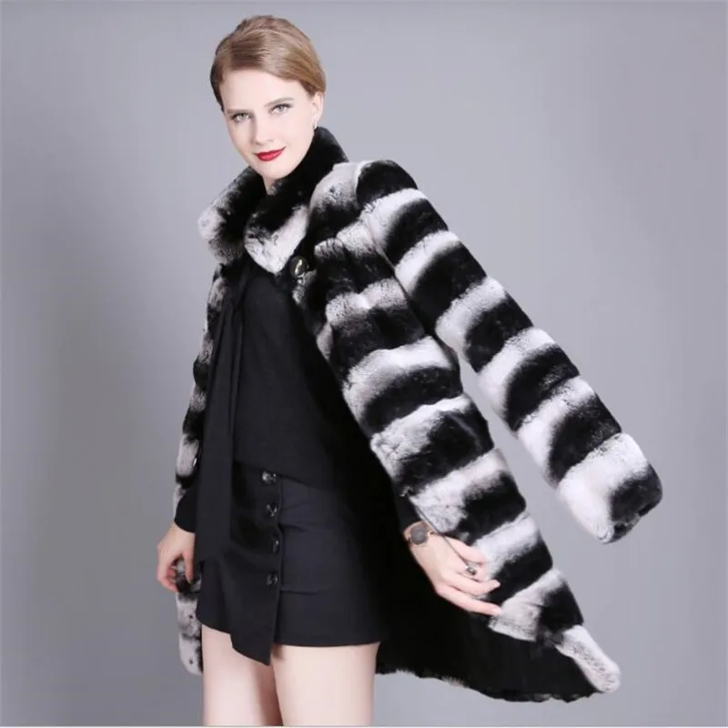 90CM Luxury Whole Skin Natural Chinchilla Fur Coats Stand Collar Striped Women Real Rex Rabbit Fur Long Jacket Winter Thick Coat