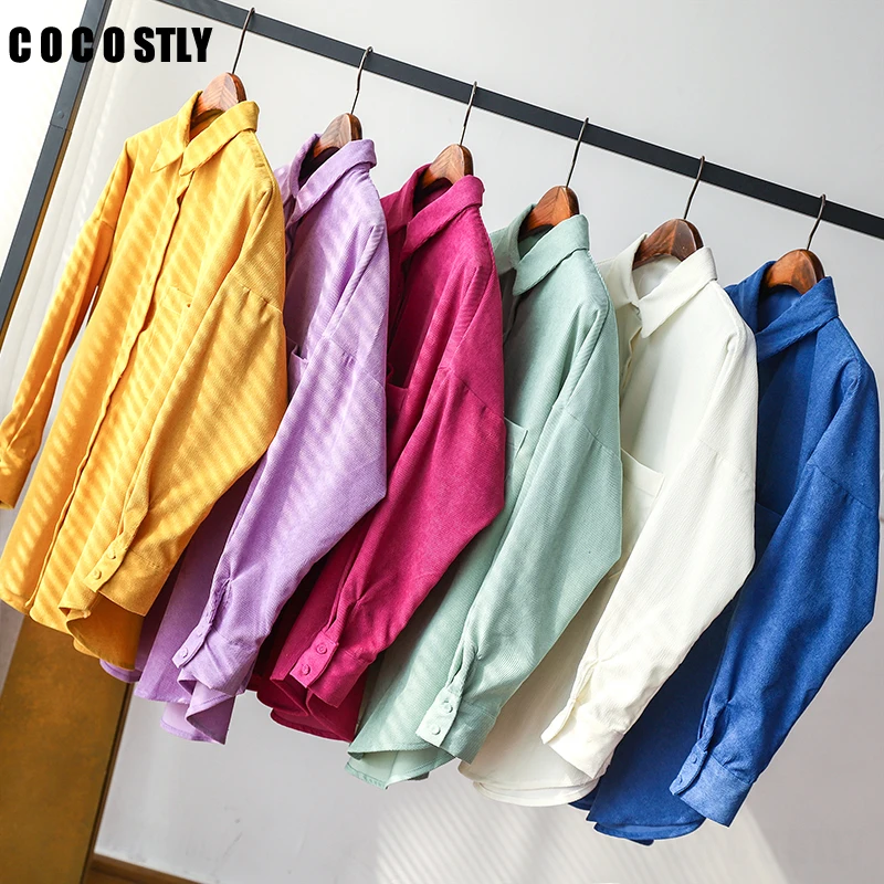 Cocostly Nieuwe 2022 Early Spring Fashion Lange Mouwen Corduroy Shirt Vrouwen Casual Multicolor Losse Blouses Solid Simple Tops Vrouwelijke