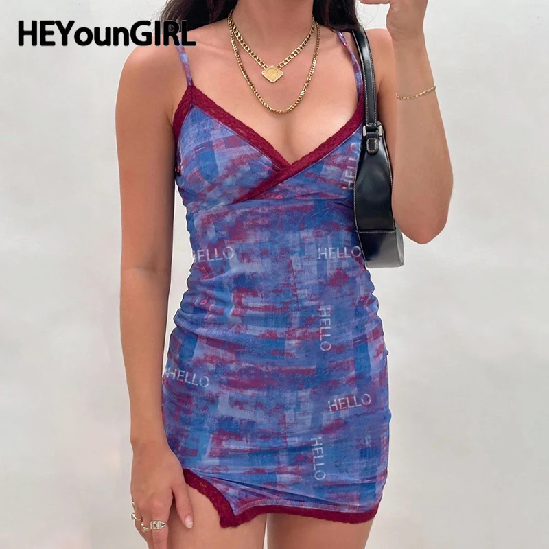 

Женское платье с буквенным принтом HEYounGIRL, сексуальное летнее винтажное модное облегающее платье с V-образным вырезом и разрезом Y2K, Клубная одежда в стиле High Street
