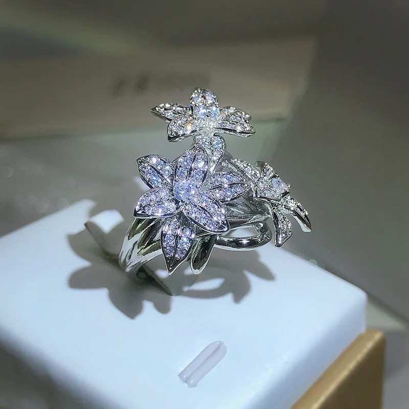 

925 Silver High Quality Pear Shape Branch Flower Zircon Ring Women's Fashion Flower Diamond Big Ring Party Birthday Gift