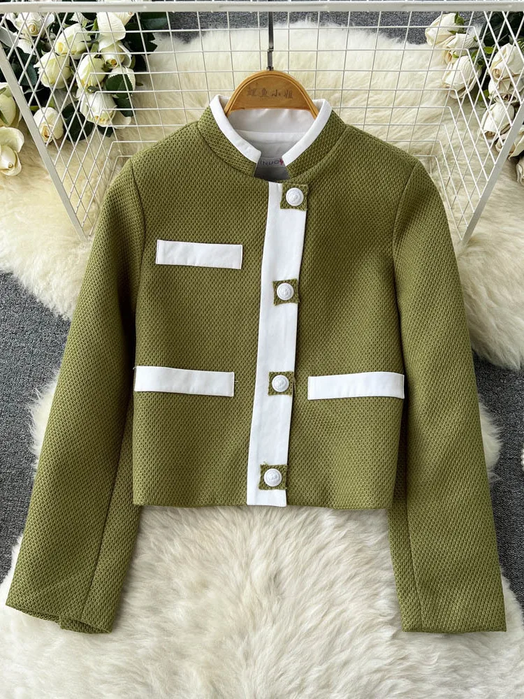 

Женская твидовая куртка, пальто контрастных цветов в Корейском стиле, однобортная универсальная верхняя одежда из французской шерсти в стиле ретро, Осень-зима 2023