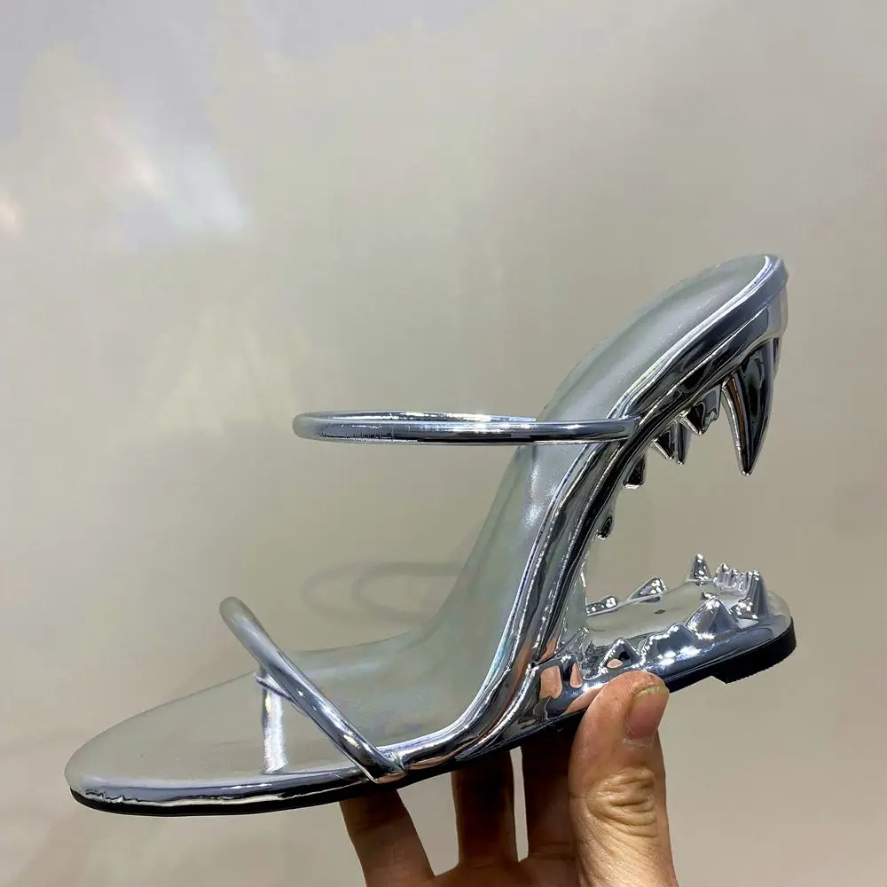 Women Gold Fretwork Teeth Heels Sandals Double Thin Strap Lady Summer New Toothed Shark Mouth High Heel Slippers Round Toe Shoes