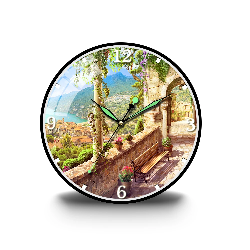 

Art Oil Painting Garden Corridor Luminous Acrylic Wall Clock HD Wall Clock Modern Design Silent Movement Wall Clock Large Size H