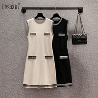 ehqaxin 2022 summer new womens knitted dress korean version loose elegant mid length round neck vest dresses ladies m 4xl