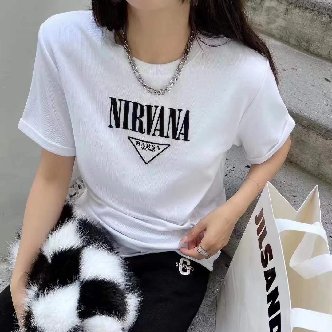 

Korean alphabet embroidery short T-shirt women's 2022 spring and summer new loose casual round neck thin versatile top fashion