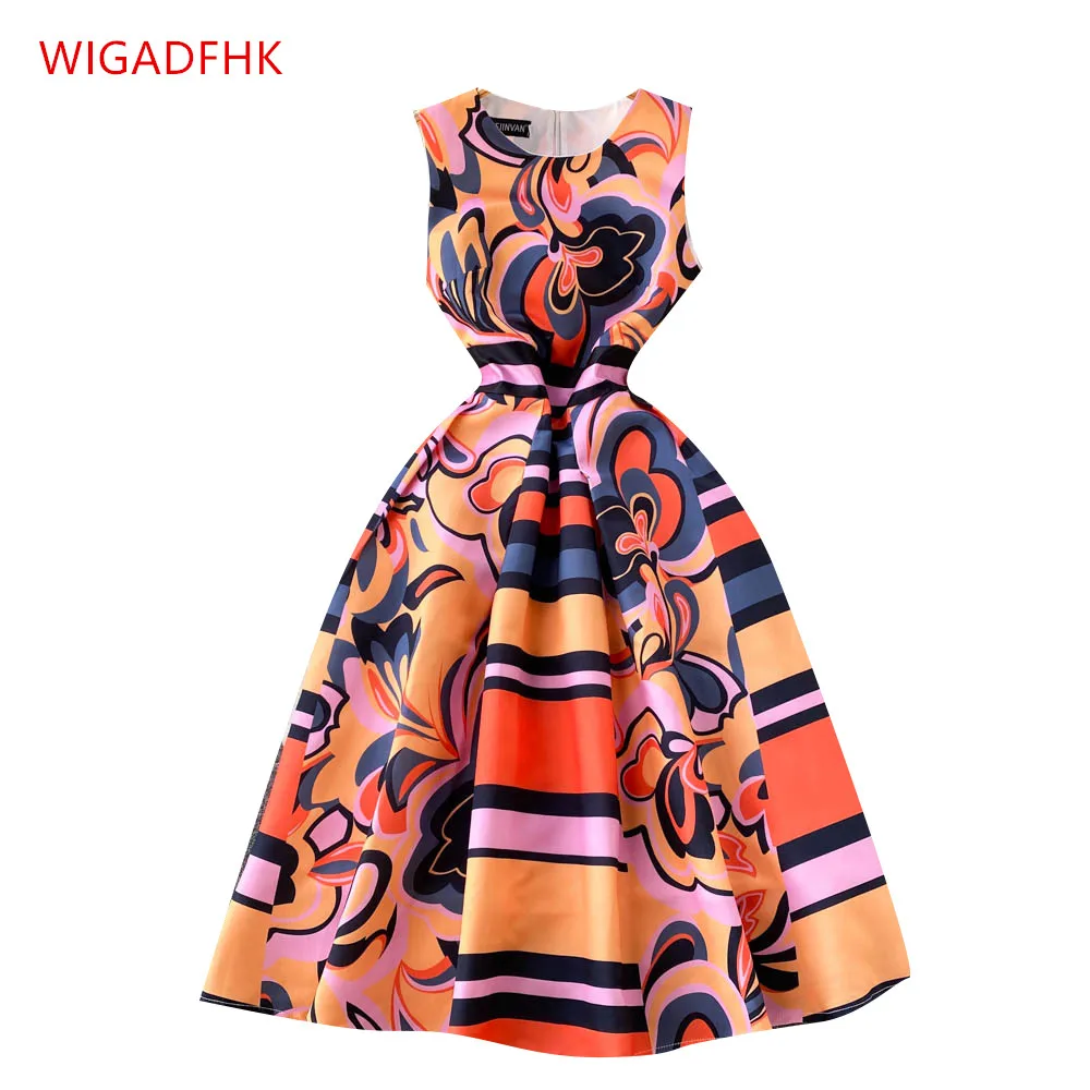 

WIGADFHK Women's Sleeveless O Neck Print Dress Casual Sweet Vintage Floral A Line Party Robe Summer 2022 Beach Dress Vestidos