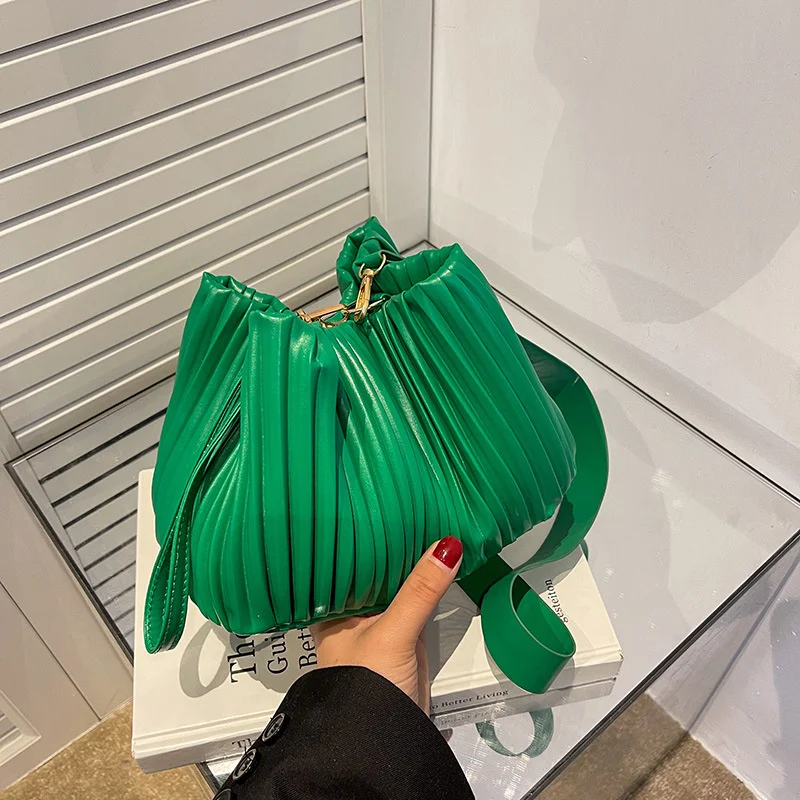 

Fashion Pleated Crossbody Handbags PU Leather Women Solid Color Bucket Coin Purse Casual Office Shopper Shoulder Messenger Bags